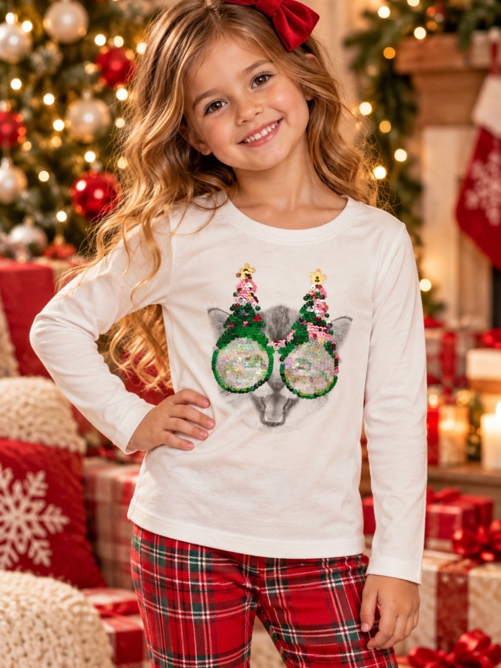 NWT Cat & Jack White Long-Sleeve Sequin Cat Tee with Holiday Glasses